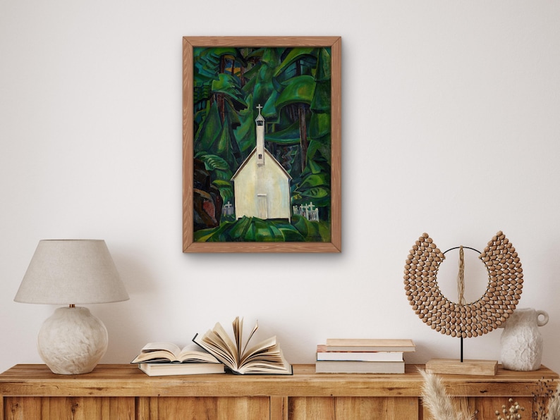 May include: A painting of a white church with a steeple, surrounded by dark green trees. The church is set against a backdrop of lush foliage, creating a sense of tranquility and isolation.