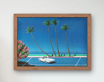 May include: A framed painting of a white convertible car driving on a blue and green road with palm trees in the background. The sky is blue and there are pink flowers in the foreground.