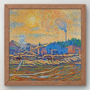 Peut inclure: Peinture de paysage encadrée aux couleurs chaudes. L'œuvre représente une scène rurale avec des bâtiments, des chevaux et une usine avec une cheminée sous un soleil brillant. La peinture est dans un cadre en bois.