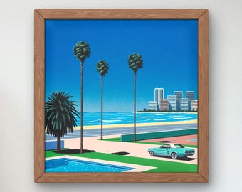 May include: A retro-style illustration of a blue car parked in front of a swimming pool. The car is in front of a beach with palm trees and a city skyline in the background.