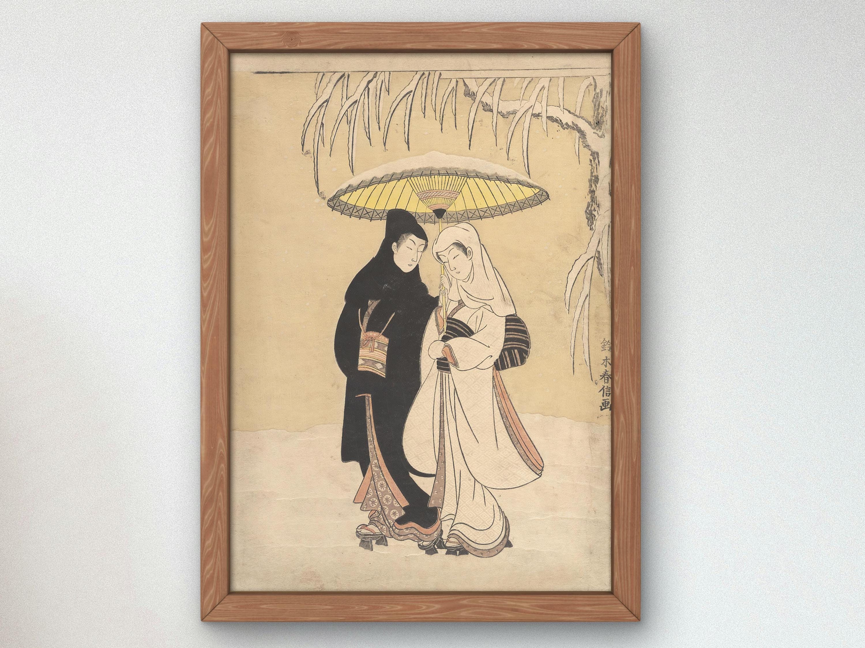 Young Lovers Walking Together Under an Umbrella in a Snow Storm by
