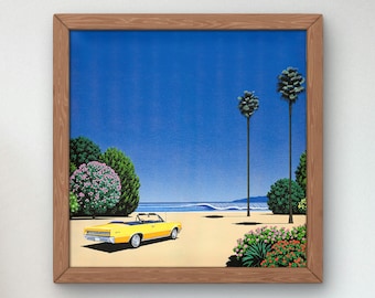 May include: A yellow convertible car parked on a sandy beach with palm trees and blue sky in the background.