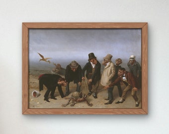 May include: A painting depicting a group of men in 19th-century clothing gathered around a dead, monstrous creature on a beach. The men appear to be examining the creature with curiosity and concern. A bird flies overhead in the cloudy sky.