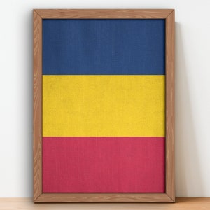 May include: A framed canvas print of the flag of Chad. The flag is blue, yellow, and red, with the blue stripe at the top, the yellow stripe in the middle, and the red stripe at the bottom.