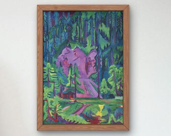May include: A painting of a forest scene with a purple mountain in the background. The trees are green and blue, and there is a small house in the foreground.