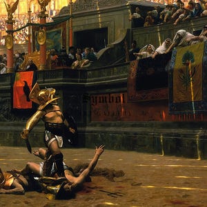 May include: A gladiator wearing a golden helmet and armour stands over a fallen gladiator in a Roman arena. The fallen gladiator is lying on the sand with a bloody wound on his chest. The victorious gladiator holds a sword in his right hand. The scene is set in a Roman arena with a crowd of spectators in the background.
