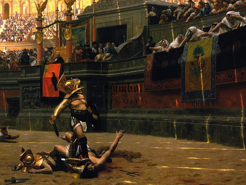 May include: A gladiator wearing a golden helmet and armour stands over a fallen gladiator in a Roman arena. The fallen gladiator is lying on the sand with a bloody wound on his chest. The victorious gladiator holds a sword in his right hand. The scene is set in a Roman arena with a crowd of spectators in the background.