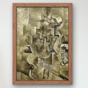 May include: A cubist painting of a violin and other objects in shades of brown and gray.