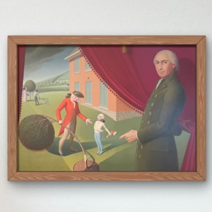 Puede incluir: Una pintura enmarcada que representa a un hombre con un abrigo verde de pie frente a una cortina roja. Está señalando una escena en la que un hombre con un abrigo rojo empuja un gran arbusto redondo, mientras un niño observa. La pintura está ambientada en un paisaje rural con una casa en el fondo.