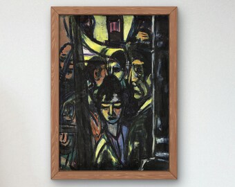 May include: A framed abstract painting depicting a group of people with dark features and a yellow background. The painting is done in a dark, expressive style with bold brushstrokes.