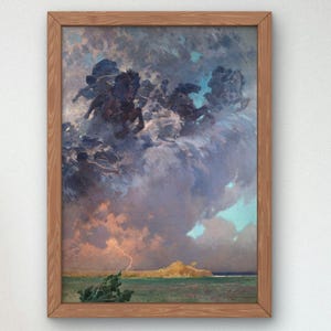 Puede incluir: Una impresión artística enmarcada que presenta una pintura de nubes de tormenta oscuras y arremolinadas llenas de caballos al galope y figuras. Bajo las nubes, un paisaje dorado está iluminado por un rayo, sobre un horizonte verde plano.