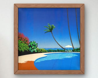 May include: A framed painting of a tropical scene with a swimming pool, palm trees, and a white umbrella. The sky is blue and the water is turquoise.