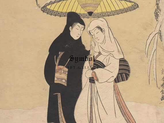 絵画 lovers Young Lovers Walking Together Under an Umbrella in a Snow Storm by