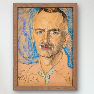 May include: A framed portrait of a man with a mustache, wearing a light pink shirt with a striped tie. The portrait is painted in pastel colors on a blue background. The artist's signature and the date "1936" are visible in the bottom right corner.
