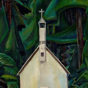 May include: A white church with a cross on top, surrounded by dark green trees. The church is painted in a stylized, almost abstract way, with sharp angles and flat planes.