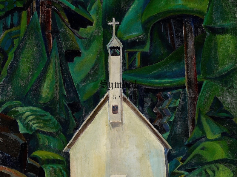 May include: A white church with a cross on top, surrounded by dark green trees. The church is painted in a stylized, almost abstract way, with sharp angles and flat planes.