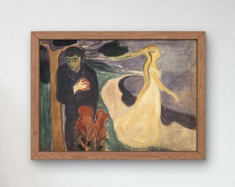 May include: A framed painting depicting a man and a woman in a stylized landscape. The man is dressed in dark clothing and stands with his hands clasped in front of him. The woman is wearing a flowing white dress and appears to be walking away from the man. The background is a mix of green, blue, and purple hues.
