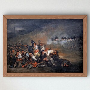 Peut inclure: Une peinture à l'huile encadrée représentant une scène historique avec un groupe de personnes en vêtements sombres agenouillées au sol, et une figure centrale debout, les bras étendus, face à une ligne de soldats tirant au mousquet.