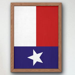 Peut inclure: Une impression encadrée du drapeau du Chili. Le drapeau est un tribande horizontal de blanc, rouge et bleu, avec une étoile blanche à cinq branches dans la bande bleue.
