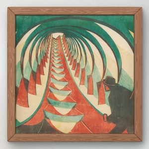 May include: A framed print of a colorful abstract painting featuring a staircase leading up into a tunnel of green and white arches. The painting is in a wooden frame.