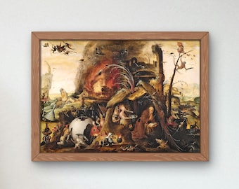 May include: A painting depicting a fantastical scene with a fiery explosion in the background, a group of figures gathered around a globe, and a figure in a robe reading a book. The painting is framed in a wooden frame.
