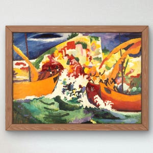 May include: A colorful abstract painting depicting two boats sailing on a choppy sea. The boats are painted in shades of yellow, orange, and red, while the sea is a vibrant green and blue. The background features a rocky island with a sky painted in shades of blue and purple.