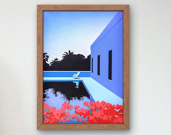 May include: A framed illustration of a blue building with a swimming pool in front of it. The pool is surrounded by a white deck and there is a white chair in the water. The building has three windows and a blue sky is visible in the background. There are red flowers in the foreground.