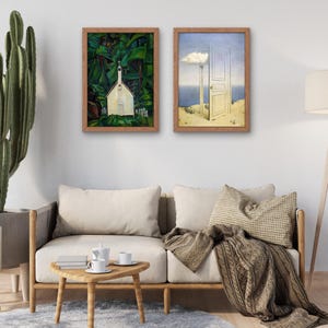 May include: Two framed paintings on a white wall. The painting on the left shows a white building with a green roof surrounded by trees. The painting on the right shows a white door opening into a blue sky with a white cloud.