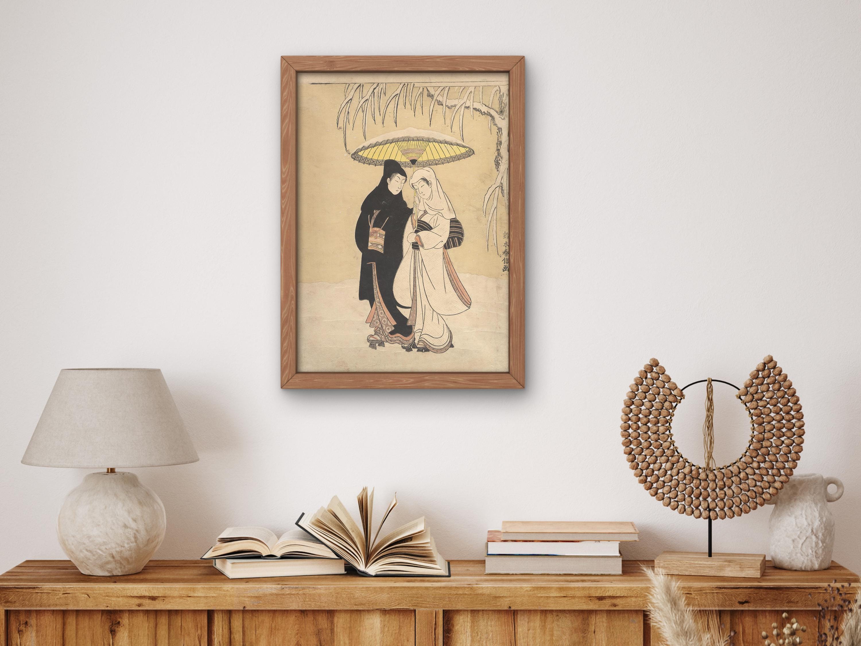 Young Lovers Walking Together Under an Umbrella in a Snow Storm by