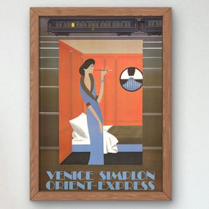 May include: A vintage travel poster for the Venice Simplon Orient-Express train. The poster features a woman in a blue dress standing in a train compartment, looking out the window. The text "Venice Simplon Orient-Express" is printed in bold, white letters at the bottom of the poster.