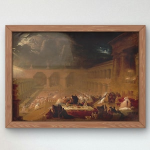 May include: A painting depicting a large gathering of people in a grand hall. The scene is illuminated by a soft, golden light, and the figures are dressed in elaborate robes. The painting is framed in a wooden frame.