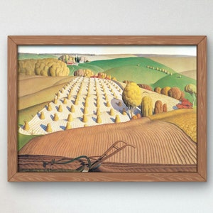 May include: A painting of a rural landscape with a field of hay bales in the foreground. The field is surrounded by rolling hills and trees in autumn colors. A plow is in the foreground.