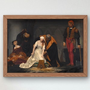 Puede incluir: Una pintura que representa una escena de una mujer siendo conducida a su ejecución. La mujer está vendada y vestida de blanco, mientras que un hombre con una túnica oscura la guía. Dos figuras más se encuentran en el fondo, una con una túnica roja y dorada y la otra con una túnica oscura.