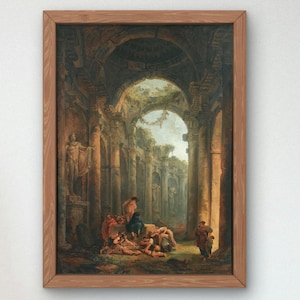 May include: A framed oil painting depicting a classical architectural ruin with tall stone columns and arched ceilings. Several figures are gathered in the foreground amidst the debris, while a statue stands on a pedestal to the left side.