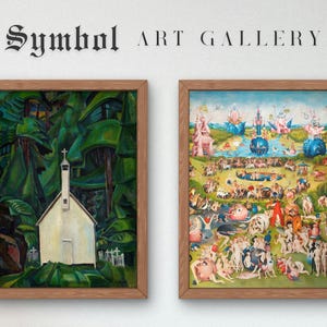 May include: Two framed paintings hanging on a white wall. The painting on the left is a landscape with a white church in the center. The painting on the right is a colorful, detailed scene with many figures.