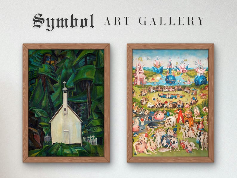 May include: Two framed paintings hanging on a white wall. The painting on the left is a landscape with a white church in the center. The painting on the right is a colorful, detailed scene with many figures.