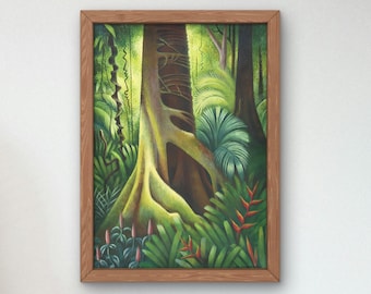 May include: A framed painting depicting a lush green jungle scene with a large tree trunk and roots in the foreground. The painting is done in a stylized, almost cartoonish style, with vibrant green and brown hues.
