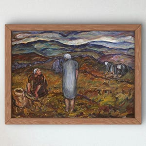 Peut inclure: Une peinture à l'huile dans un cadre en bois représentant des personnages travaillant dans un champ aux tons bruns, verts et bleus. La scène montre des individus en vêtements simples effectuant un travail manuel devant des collines et un ciel nuageux.