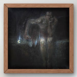 May include: A painting of a man sitting in a dark, shadowy room. He is wearing a simple garment and has a thoughtful expression on his face. The room is lit by a single, faint light source.