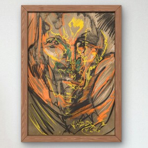 May include: Abstract portrait painting in a wooden frame. The painting features a face with yellow, orange, green, and black lines and shapes. The artist's signature is visible in the bottom right corner.