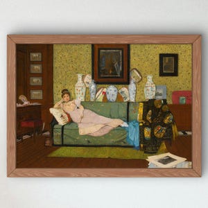 May include: A framed oil painting depicting a person in a light pink dress reclining on a green sofa. The room features yellow patterned wallpaper, several decorative vases, framed wall art, a dark wooden cabinet, and a black patterned textile.