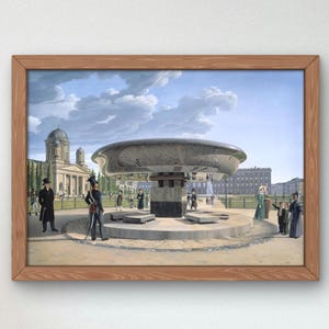 May include: A framed painting depicting a large, silver fountain in a public square. The fountain is surrounded by people in 19th-century clothing. In the background, a building with a dome can be seen.