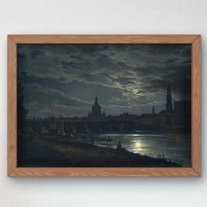 May include: A painting depicting a cityscape at night with a full moon shining over a river. The city is silhouetted against the moonlit sky, with a bridge crossing the river in the foreground. The painting is framed in a wooden frame.