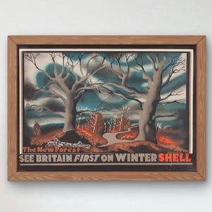 May include: A vintage travel poster advertising a trip to the New Forest in England. The poster features a stylized illustration of a forest path with two trees in the foreground. The text reads "The New Forest See Britain First on Winter Shell".