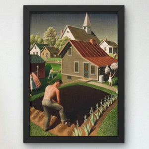 Peut inclure: Une peinture représentant une petite ville avec un clocher d'église en arrière-plan. Un homme travaille dans un jardin au premier plan. Le jardin est entouré d'une clôture en bois et il y a des maisons en arrière-plan.
