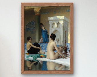May include: A framed print of a painting depicting three figures in a bathhouse setting. Two figures are seated near a pool of water, one draped in black fabric and one nude. A third figure stands in the background wearing a blue garment.