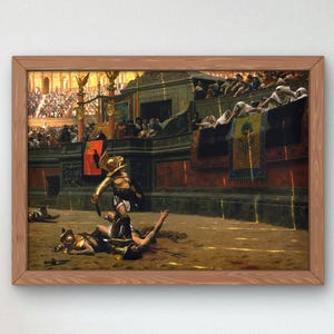 May include: A painting depicting a scene from a Roman gladiatorial contest. Two gladiators are fighting in an arena, with one gladiator on the ground and the other standing over him. The painting is set in a large, open-air arena with a crowd of spectators in the background.