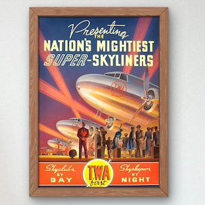TWA Super-Skyliners vintage ads 1950, Vintage Airlines Ads, Museum Quality print, Mid Century Modern Wall Art Poster