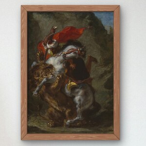 Arab Horseman Attacked by a Lion by Eugène Delacroix 1849, Wall Art Print, Fine Art Reproduction, Museum Quality Decor, Poster