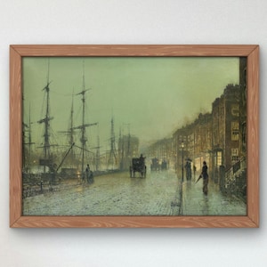 Peut inclure: Une peinture encadrée représentant une scène nocturne brumeuse d'un port avec des navires et des bâtiments. La peinture est dans un cadre en bois avec une finition brun clair.